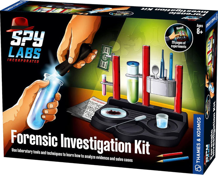 Spy Labs Forensic Investigation Kit packaging with hands holding test tubes and lab equipment.