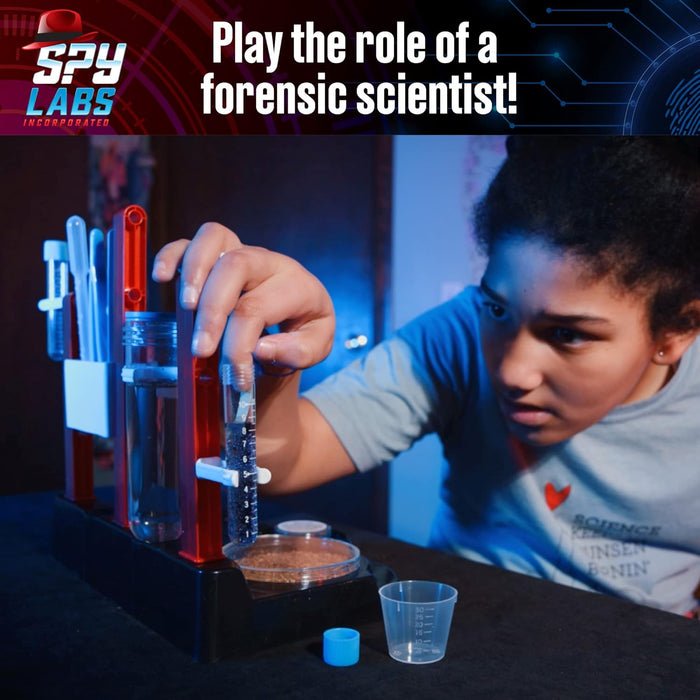 Young child playing with the Forensic Investigation Kit in a dark room with text 'play the role of a forensic scientist!'