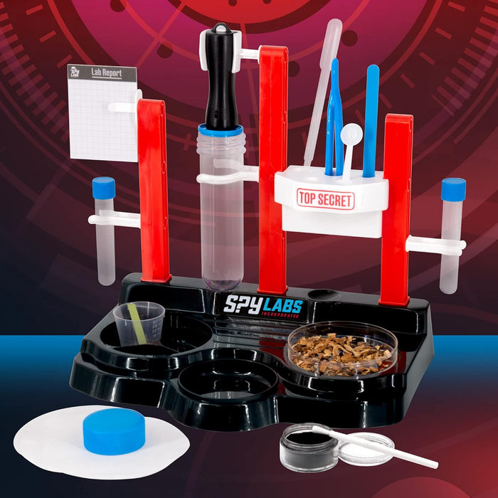 Contents of the Forensic Investigation Kit on a dark table top with a red security background.