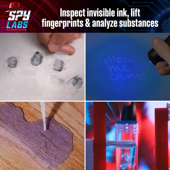 Four investigation images with text "Inspect invisible ink, lift fingerprints and analyze substances"