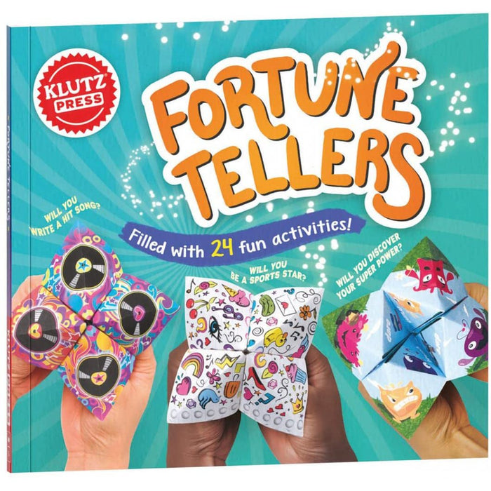 Book titled 'Fortune Tellers' by Klutz Press with colorful fortune teller designs on a blue background.
