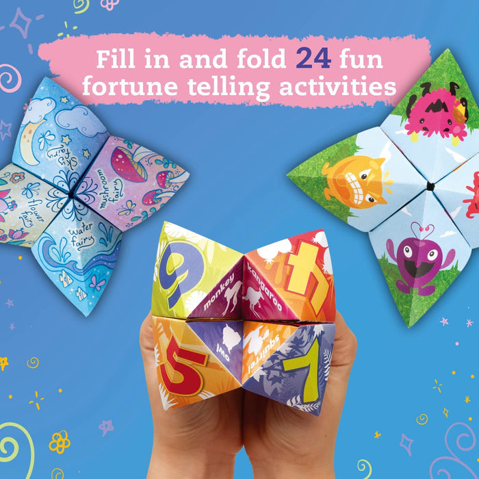 Colorful fortune tellers displayed on a blue background with text 'fill in and fold four fun fortune telling activities'