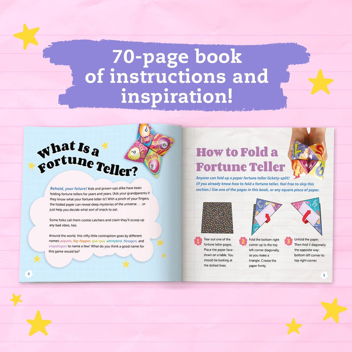 Klutz Fortune Tellers book open against a pink background with line and yellow stars with tet '70 page book of instructions and inspiration'