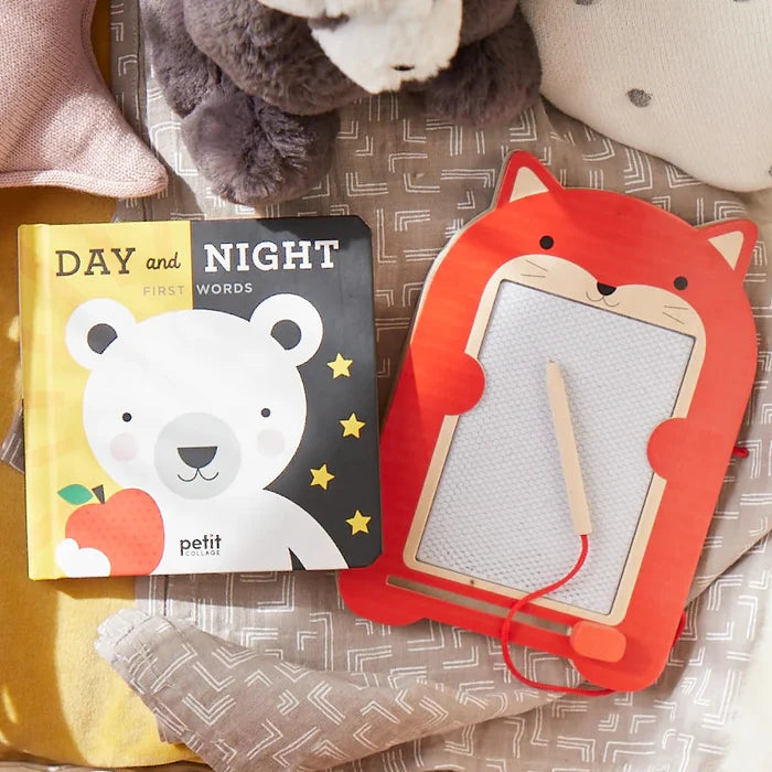 Orange Fox Friend Magic Drawing Board and a children's book on a brown blanket