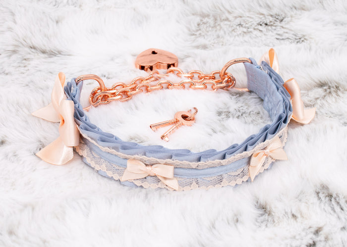French Blue Cream Lace Front-Locking Martingale BDSM Collar