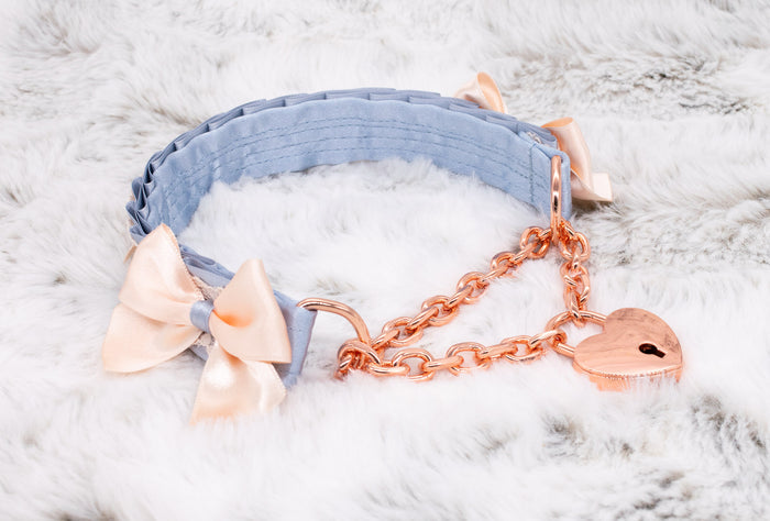 French Blue Cream Lace Front-Locking Martingale BDSM Collar