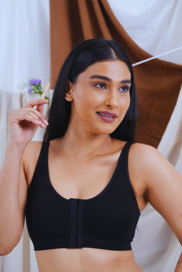 Front Open Non Padded Wire-Free Comfort Diva Bra (Black)