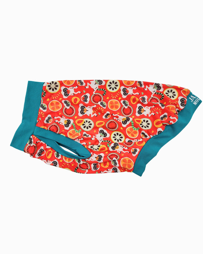 Fruity Lemur lightweight poly-spandex dog pajamas, side view