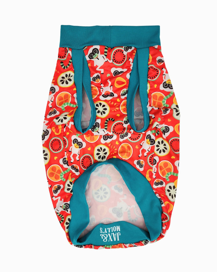 Fruity Lemur lightweight poly-spandex dog pajamas, close-up underbelly view