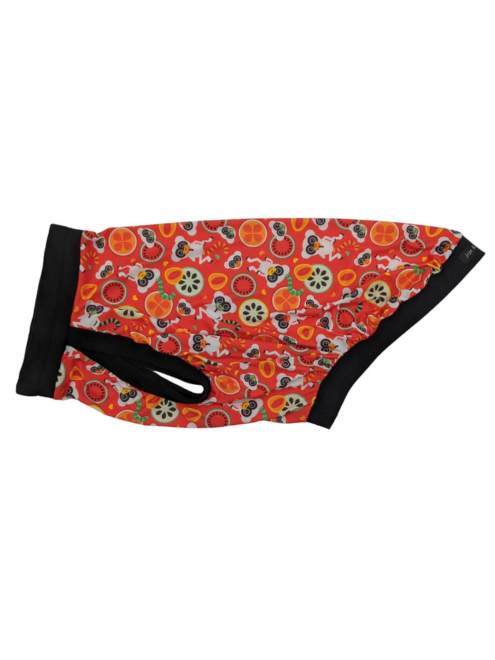 Fruity Lemur lightweight poly-spandex dog pajamas with black trim, side view