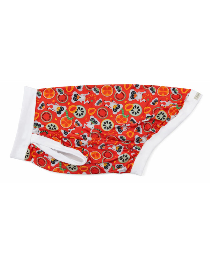 Fruity Lemurs dog pajamas with white trim, side view highlighting soft stretch pajama fabric