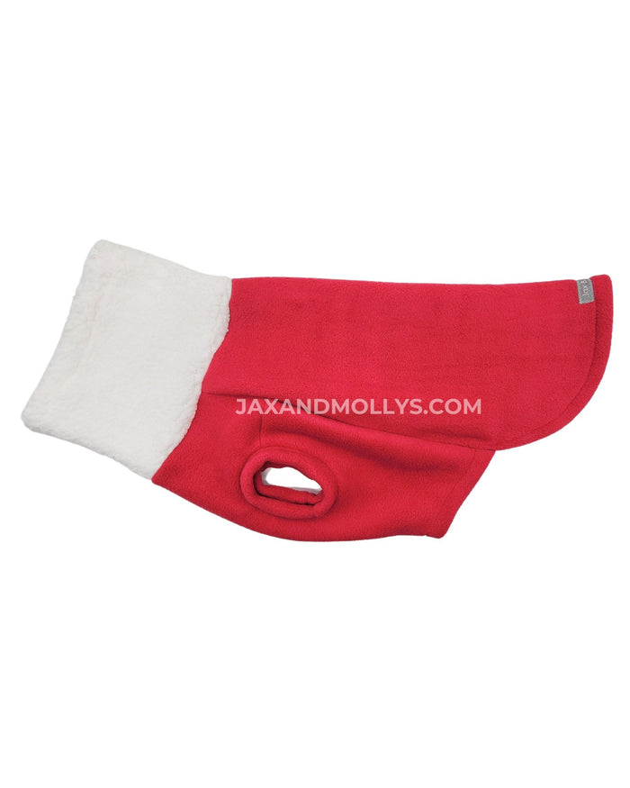 Fuchsia fleece dog sweater with a faux sherpa turtleneck.