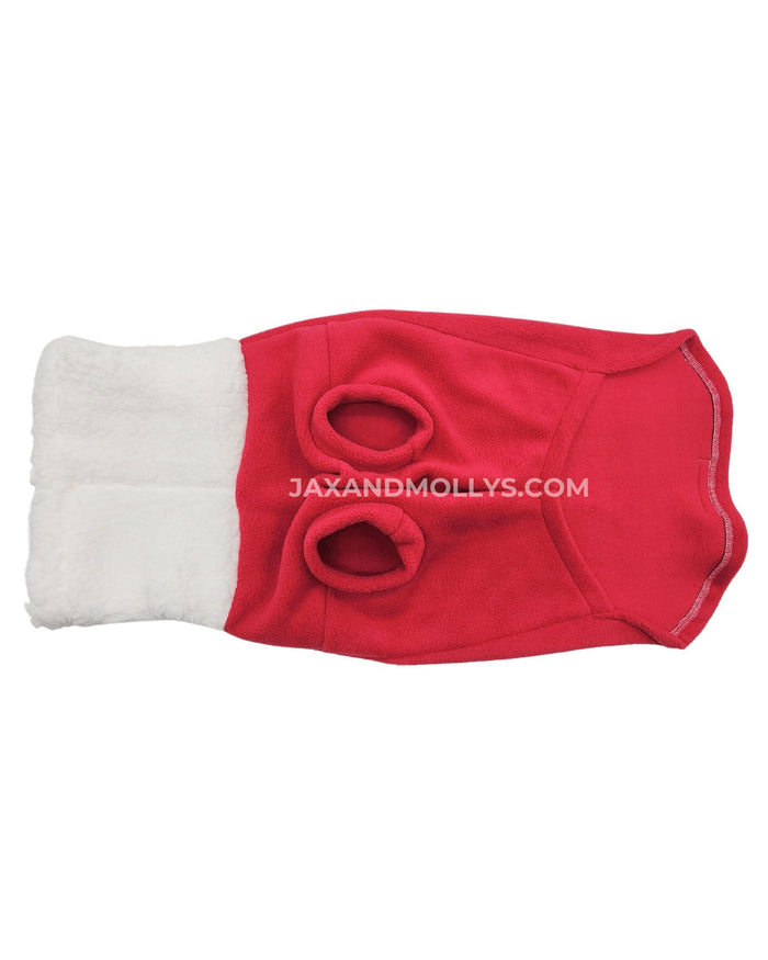 Underbelly view of a fuchsia fleece dog sweater with a faux sherpa turtleneck.