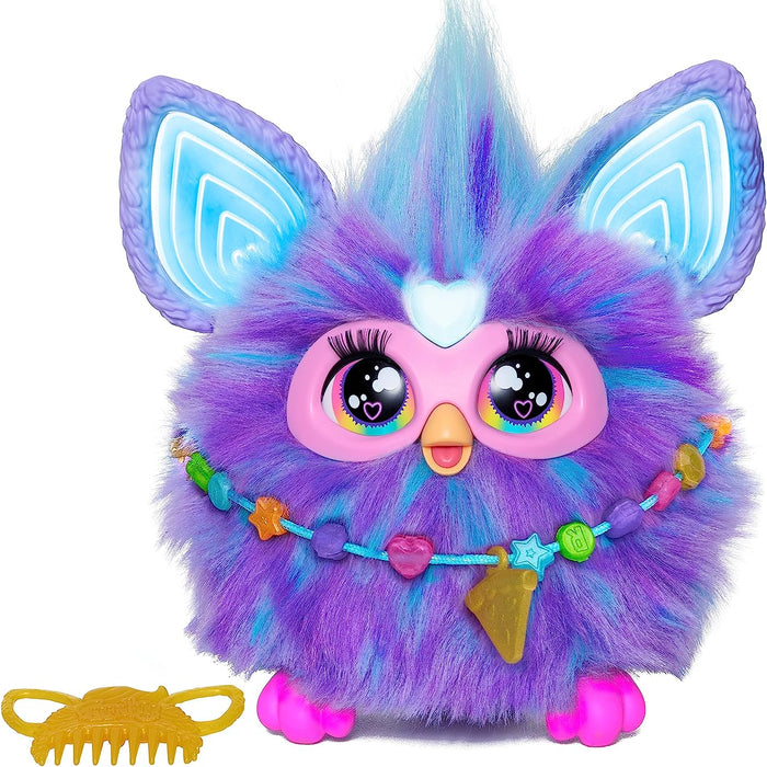 Colorful furby toy with blue and purple hues on a white background