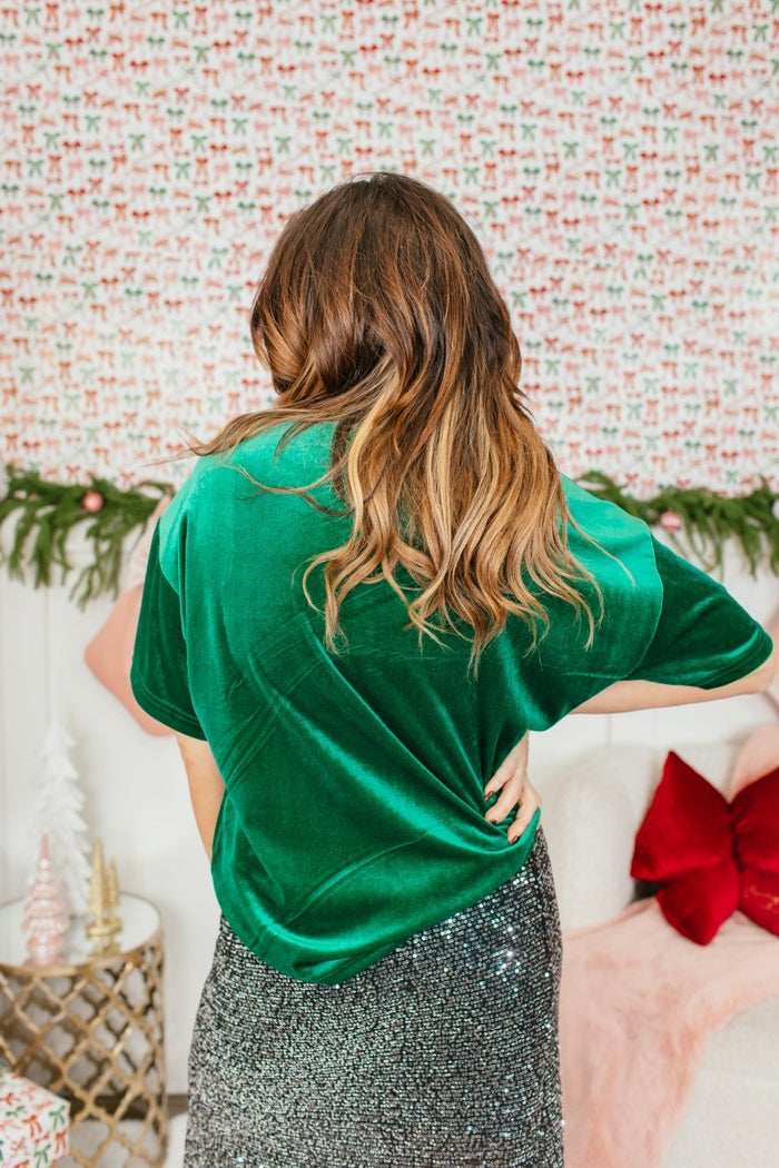 Glam Hour Velvet Top In Green - Reg & Curvy - Macoma Boutique100 Short Sleeve