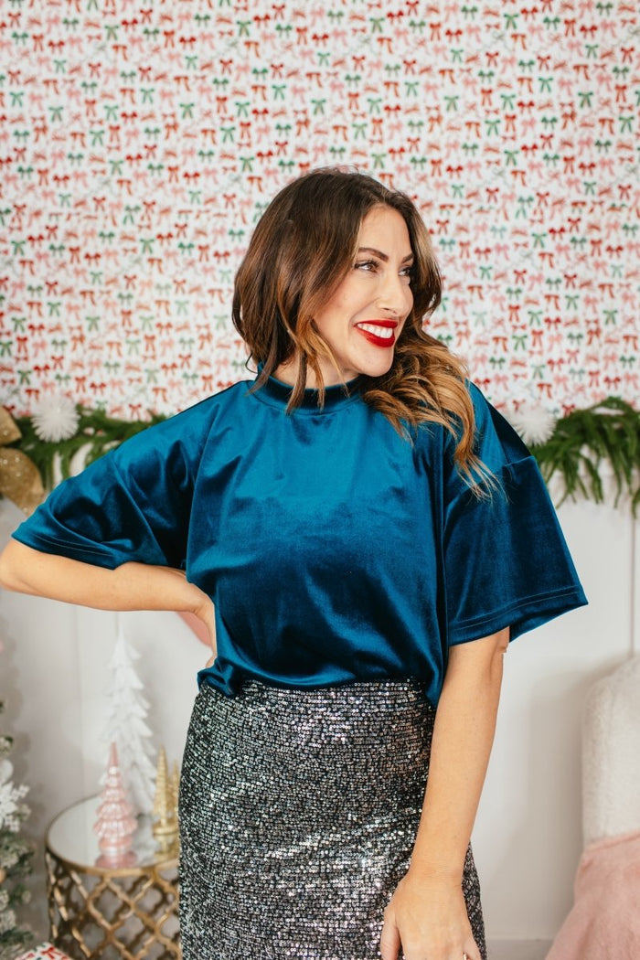 Glam Hour Velvet Top In Teal - Reg & Curvy - Macoma Boutique100 Short Sleeve