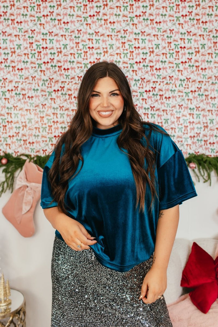 Glam Hour Velvet Top In Teal - Reg & Curvy - Macoma Boutique100 Short Sleeve