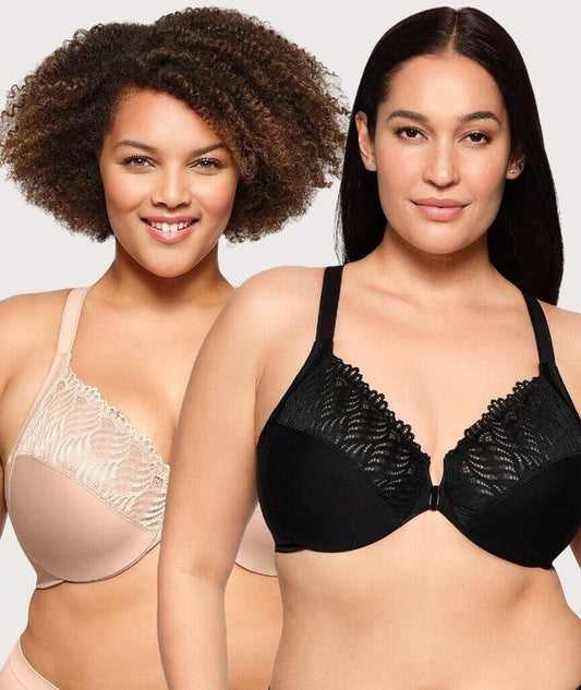 Glamorise Front-Closure T-Back WonderWire Bra 2 Pack - Black/Cafe Bras