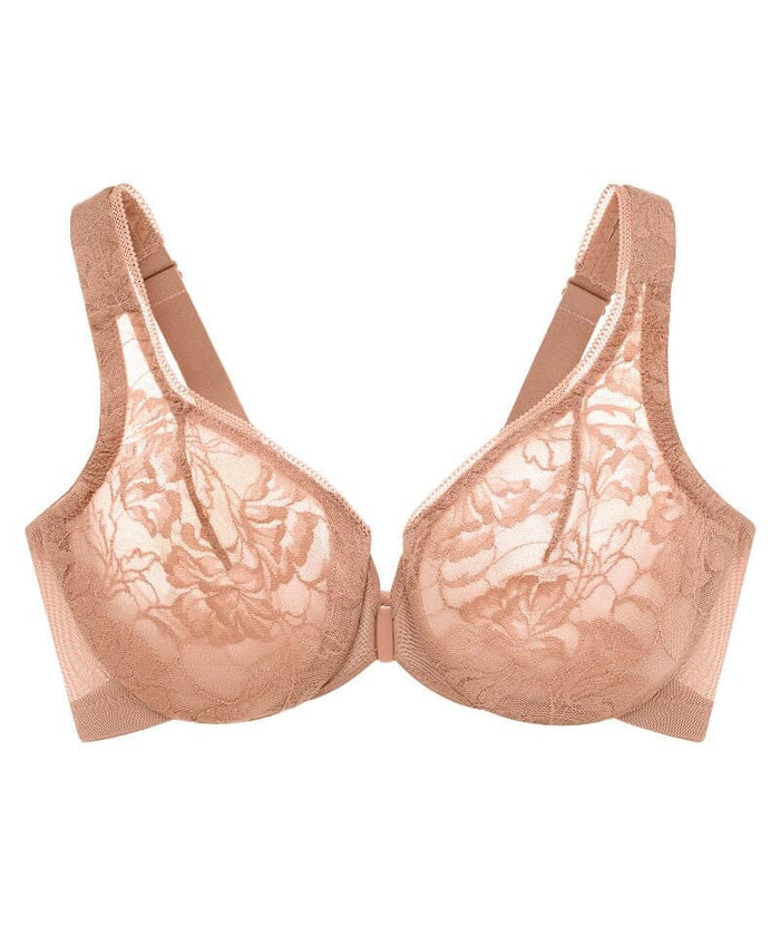 Glamorise Lacey T-Back Front-Closure WonderWire Bra - Cappuccino Bras