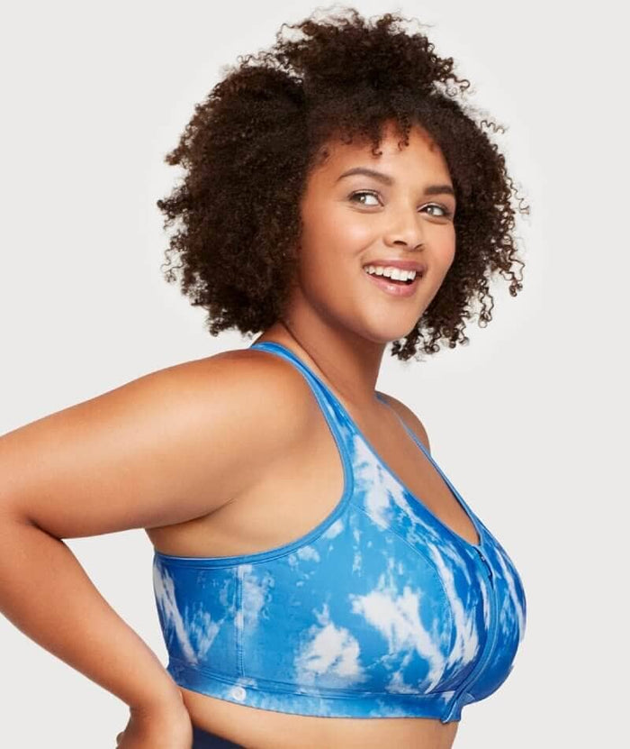 Glamorise Zip Up Front-Closure Wire-Free Sports Bra - Blue Tie-Dye Bras