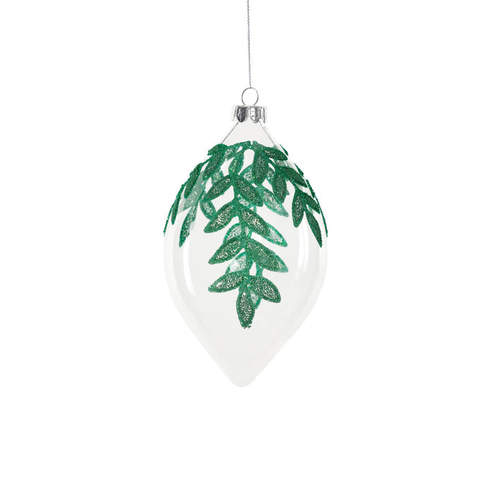 Glass Ornament with Beaded Leaf Design - Green
