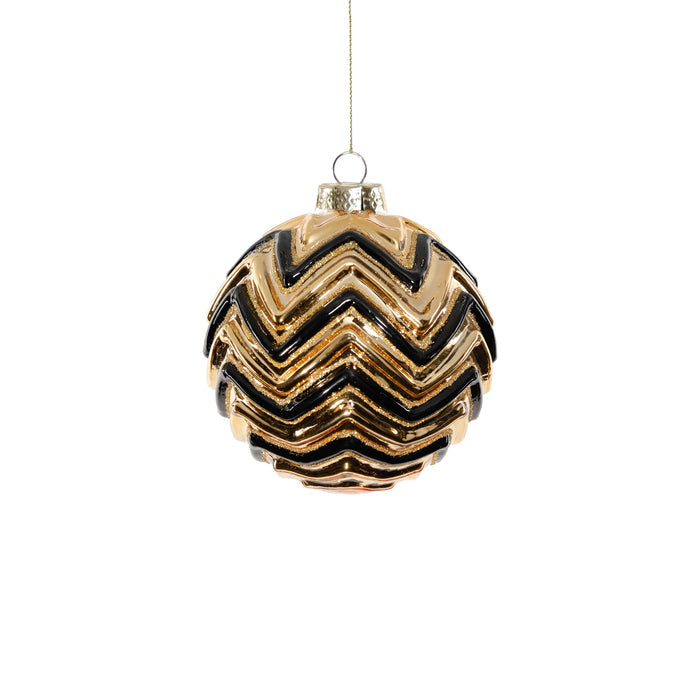 Gold & Black Zigzag Design Glass Ball Ornament