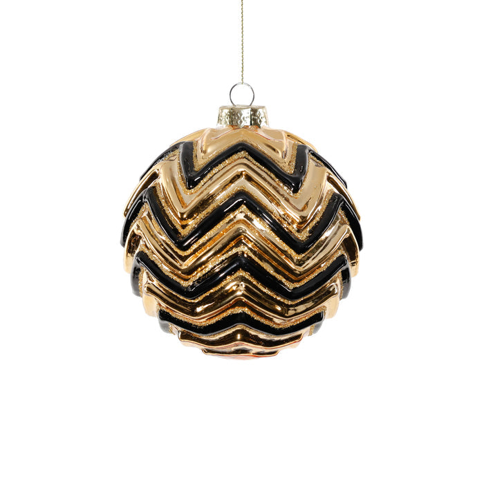 Gold & Black Zigzag Design Glass Ball Ornament