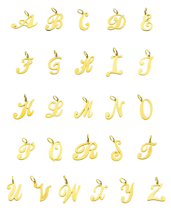Gold Initial Dog Charm A–Z arranged on a flat display on white background