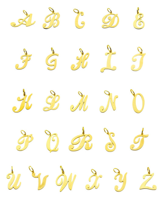 Gold Initial Dog Charm A–Z arranged on a flat display on white background