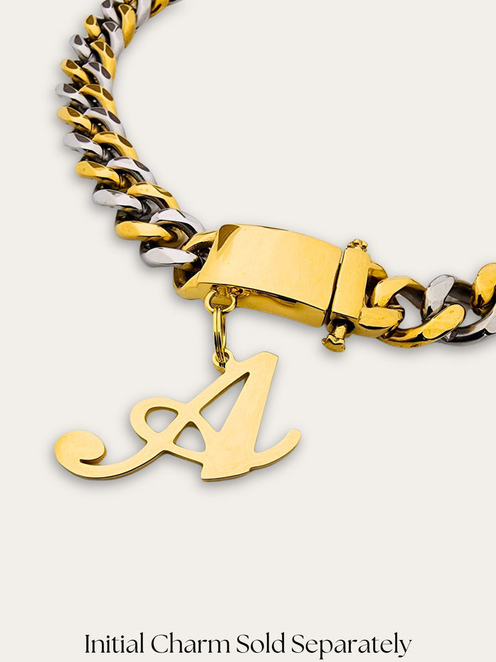 two-tone gold and silver Cuban link dog necklace with solid gold buckle and initial “A” charm