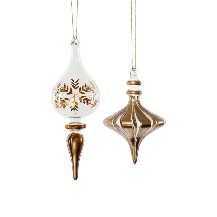 Gold Trimmed Artisan Blown Glass Finial Ornament - 2 Assorted Pieces