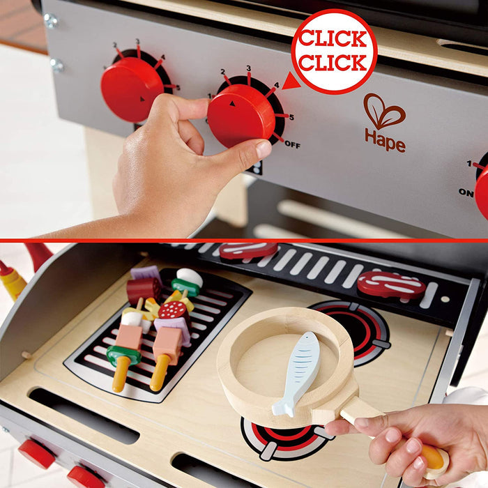 Close up of a child's hand turning the grill's knobs and another holding a pan cooking a fish on the grill