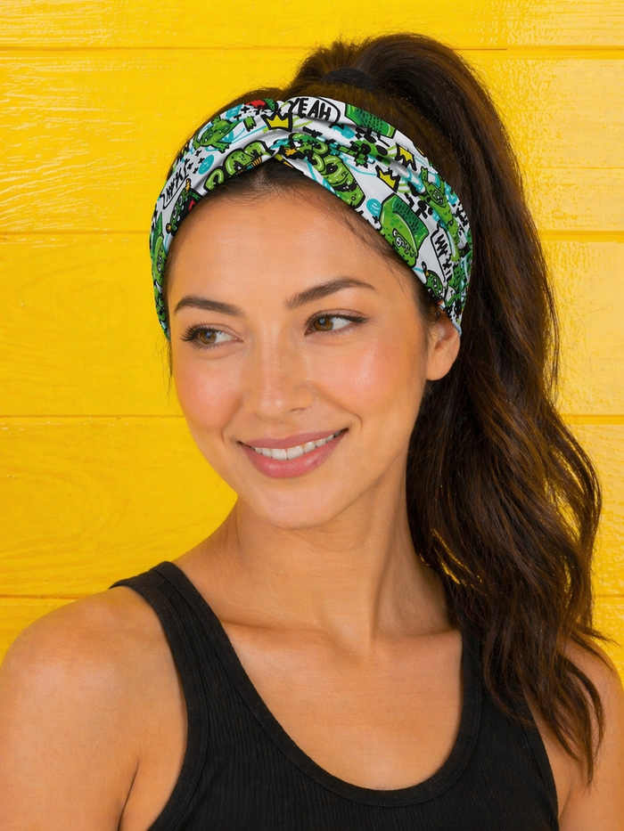 graffiti goblins poly spandex knot headband on woman model high ponytail wide band fit