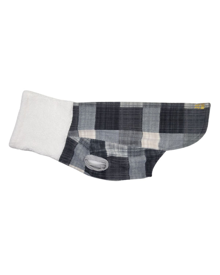 Gray and black plaid fleece dog sweater with white sherpa turtleneck, flat side view
