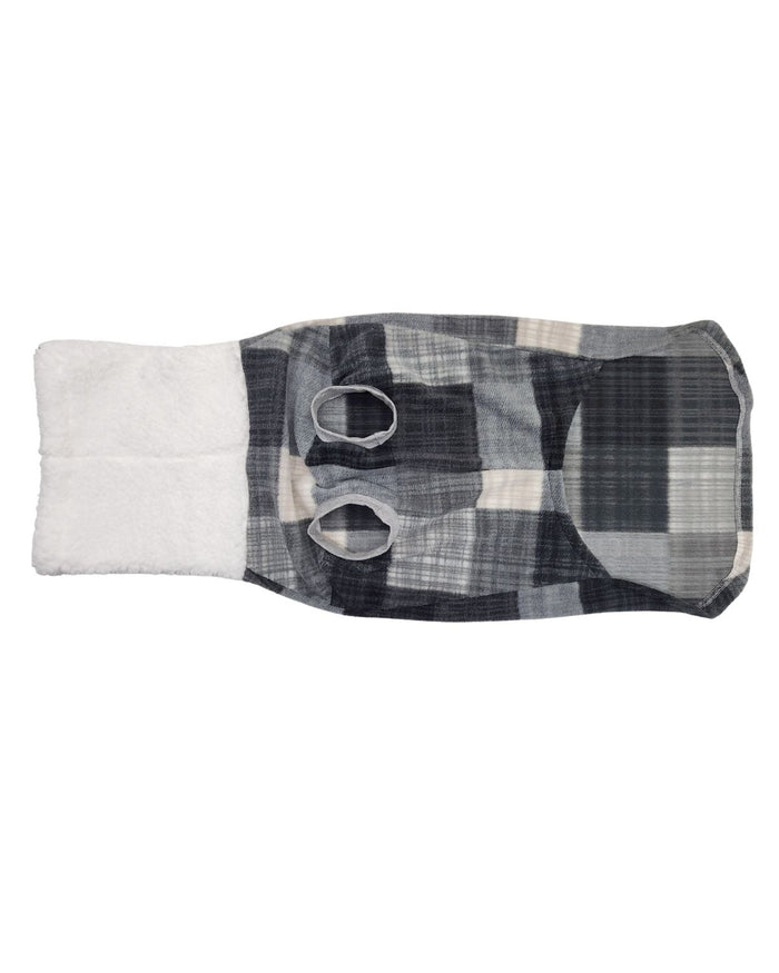 Gray and black plaid fleece dog sweater with white sherpa turtleneck, underside view