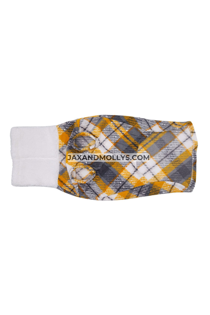 A plaid dog sweater in shades of gray, yellow, and white, featuring a faux sherpa turtleneck.