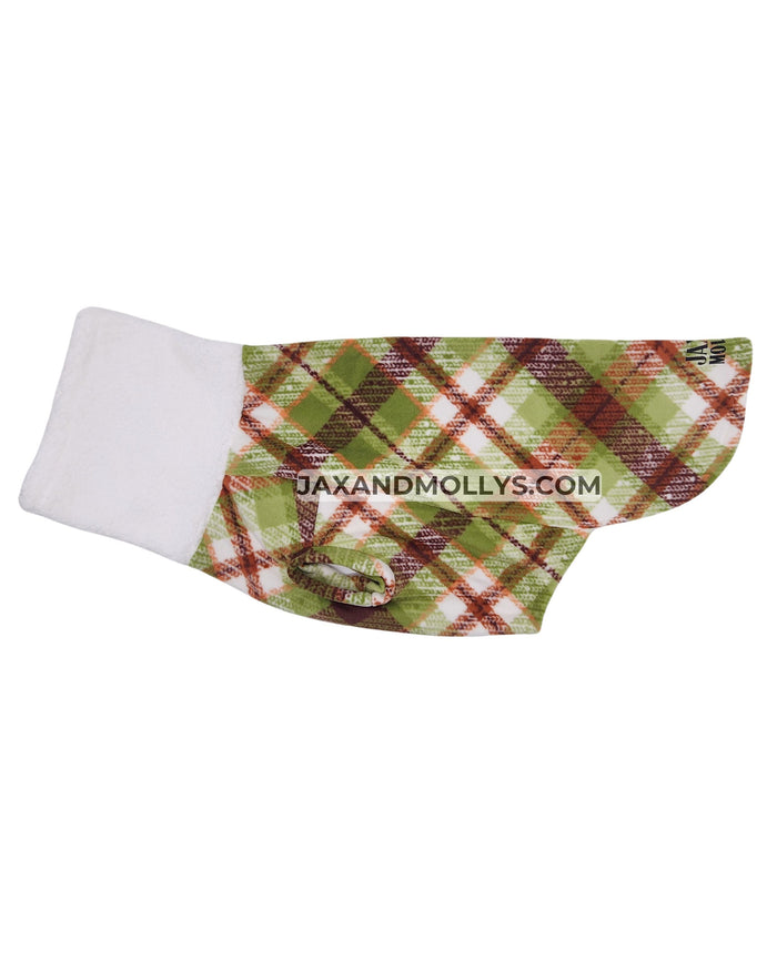 Green and brown plaid fleece dog sweater with white sherpa turtleneck, flat side view