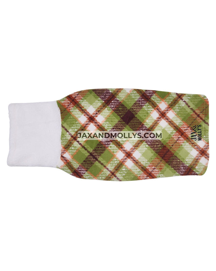 Green and brown plaid fleece dog sweater with white sherpa turtleneck, flat back view