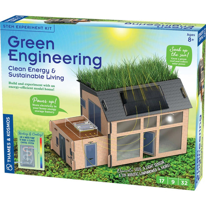 Box for 'Green Engineering' STEM experiment kit with model house and solar panels on packaging.