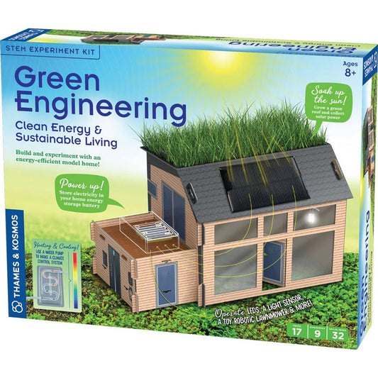 Box for 'Green Engineering' STEM experiment kit with model house and solar panels on packaging.