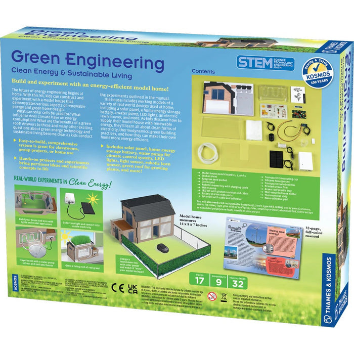 Box for a 'Green Engineering' STEM kit with model home and energy-efficient components on a white background.