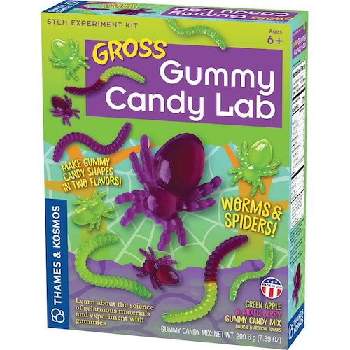 Gross Gummy Candy Lab packaging with purple spider and green worms on a white background