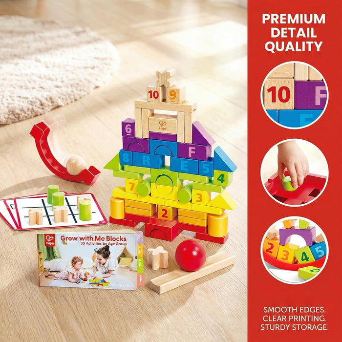 Colorful wooden blocks with numbers and letters on a wooden surface, accompanied by promotional text about premium quality.