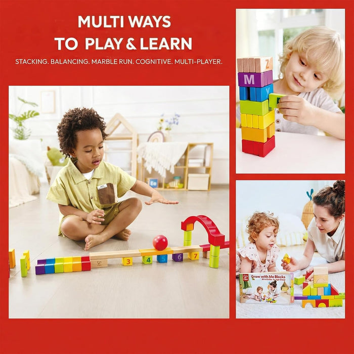 Children playing with colorful building blocks in a home setting, with text about multiple play and learning activities.