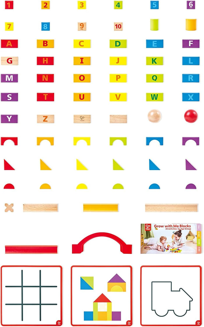 Colorful wooden blocks with letters, numbers, and shapes on a white background.
