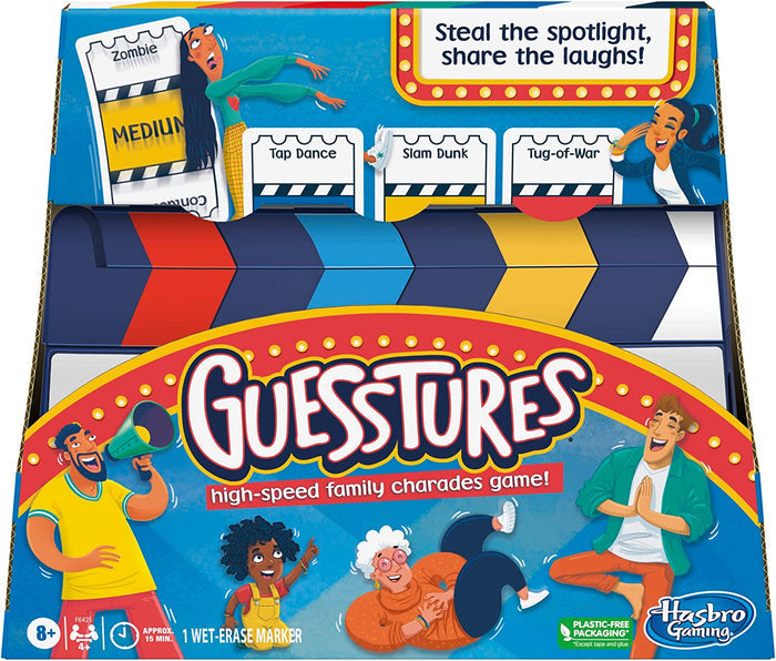 Box of Guesstures game by Hasbro Gaming with colorful design and character illustrations.