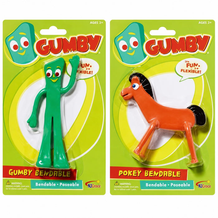 Two packages of bendable figures, one green and one orange, on a white background.