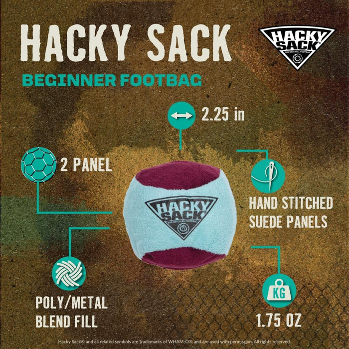 An informational product graphic for a Hacky Sack beginner football bag. The central product is a round fuzzy ball with light blue and burgundy panels, surrounded by callout lines and text showing dimensions (2.25")