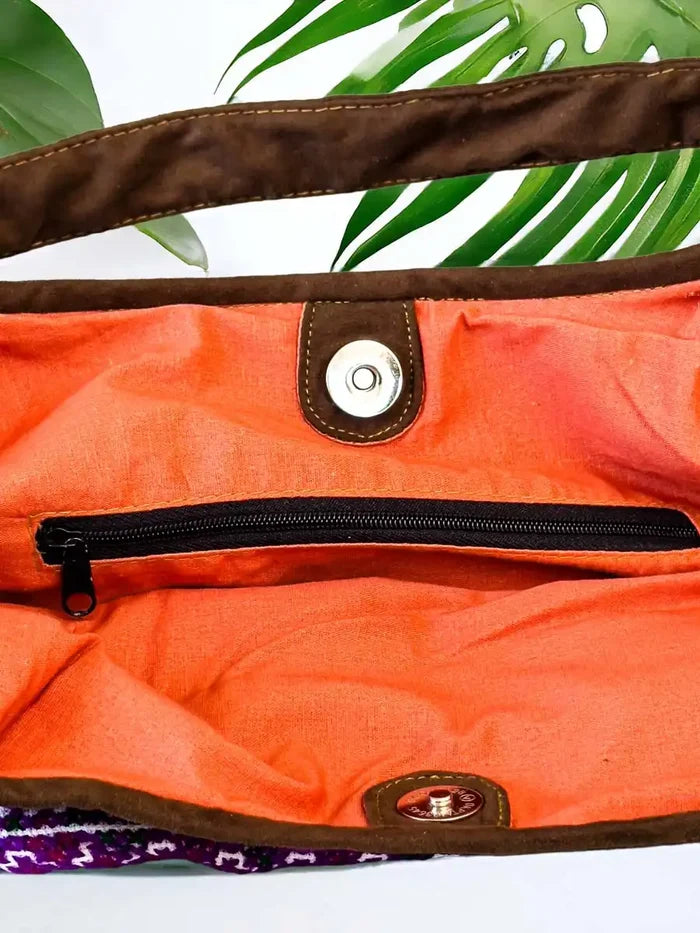 Vindigo handbag purple brown interior pocket detail