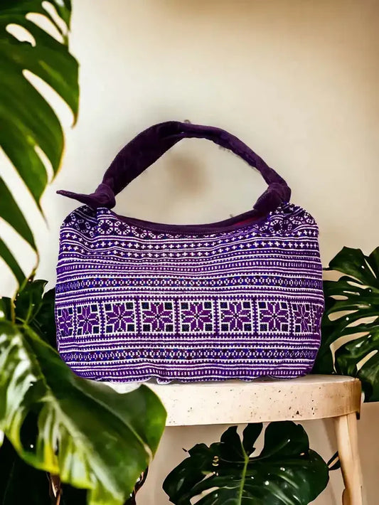 Vindigo handbag purple embroidered angled front view